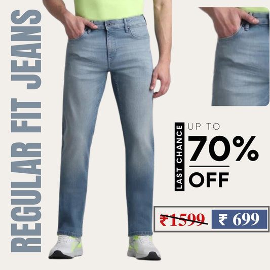 Men Comfort Stretch Denim Light Blue Mid Rise Regular Fit Jeans